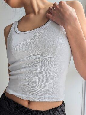 White Scoop Neck Ribbed Tank with Black Edging